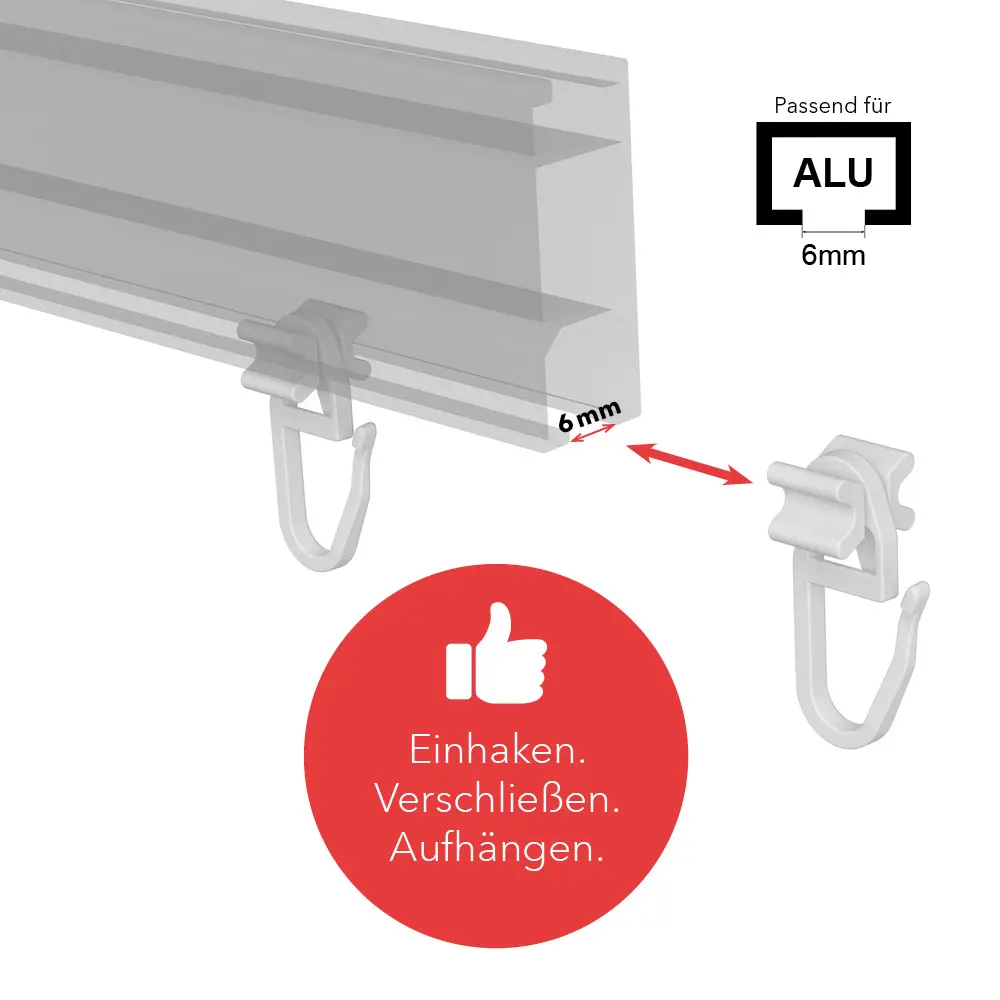 X-Gleiter für Gardinenschienen 120 Stück + 6 Feststeller