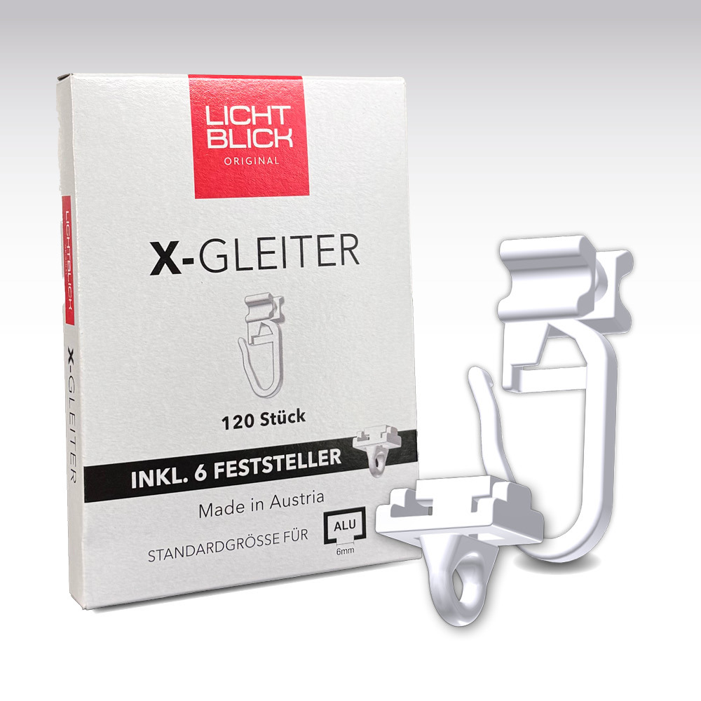 X-Gleiter für Gardinenschienen 120 Stück + 6 Feststeller X-Gleiter für Gardinenschienen 120 Stück + 6 Feststeller
