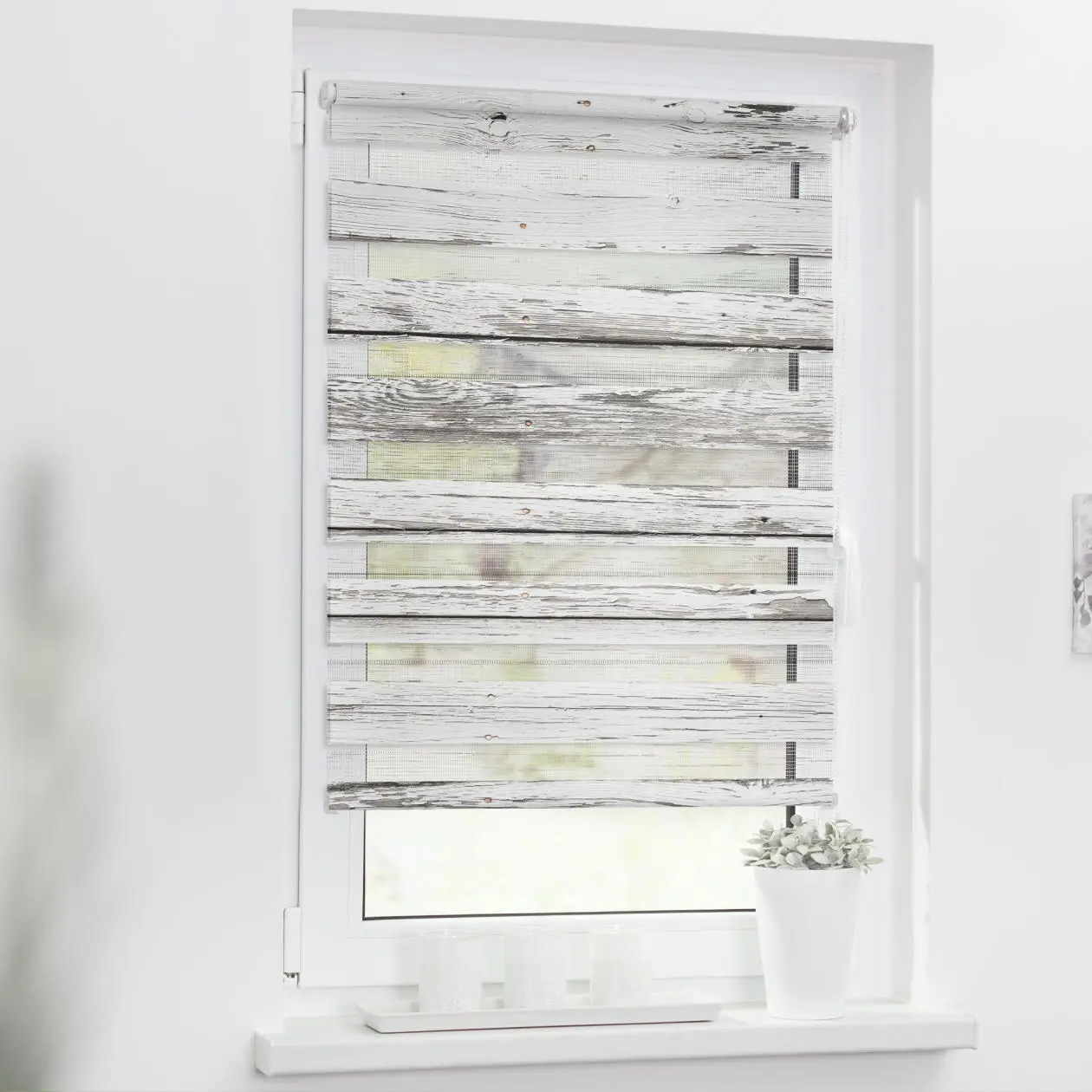 Doppelrollo mit Motiv Bretter Vintage Weiß