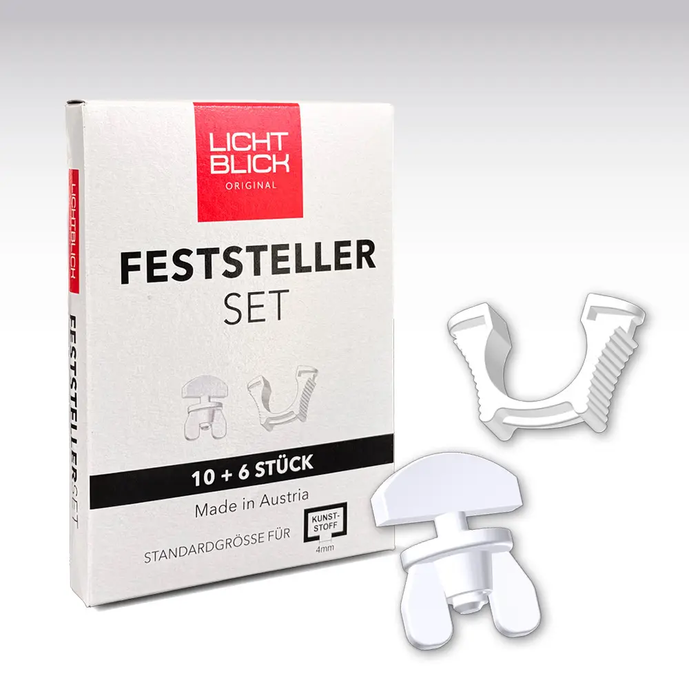 Feststeller-Set für Gardinenschienen | 4 mm Einführöffnung | 10 Zwischenfeststeller + 6 Endfeststeller