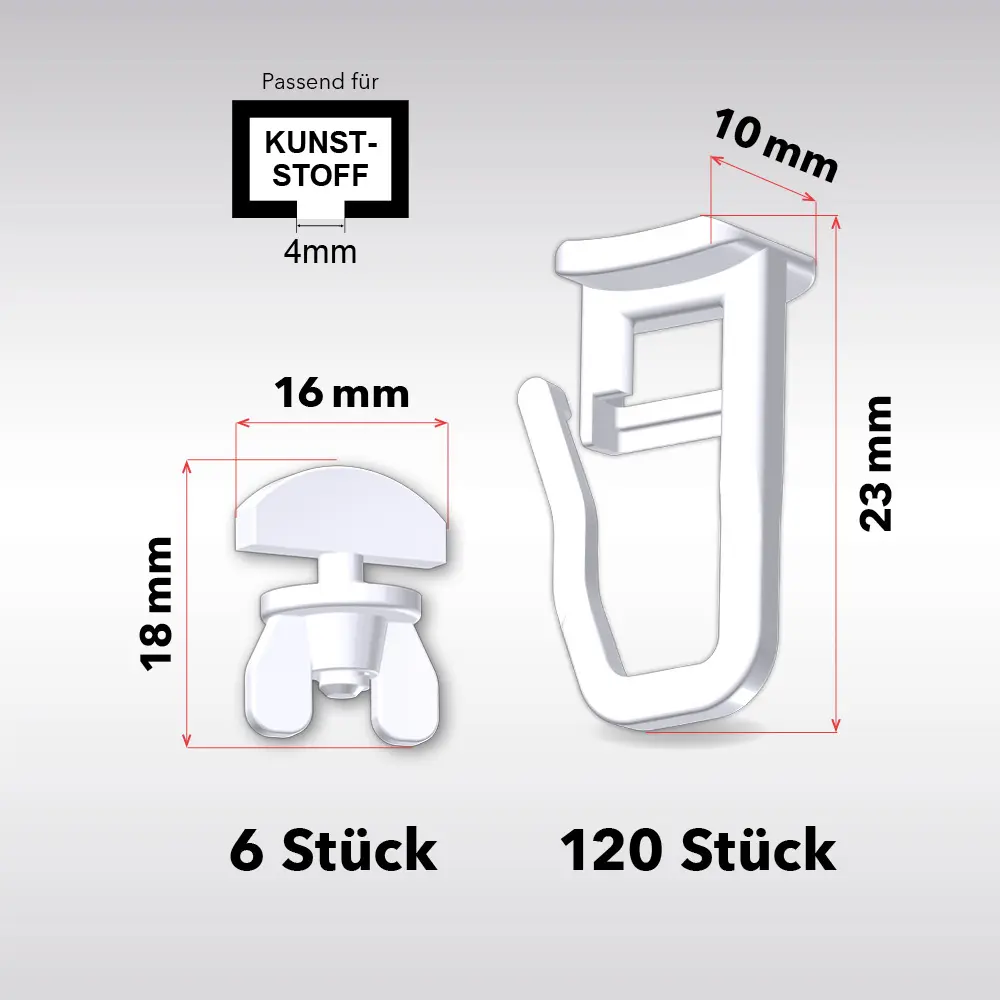 Faltengleiter für Gardinenschienen 120 Stück + 6 Feststeller | für 4 mm Einführöffnung