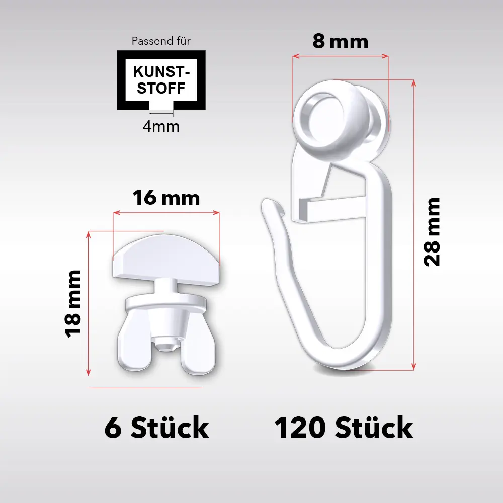 Gardinenröllchen 120 Stück + 6 Feststeller