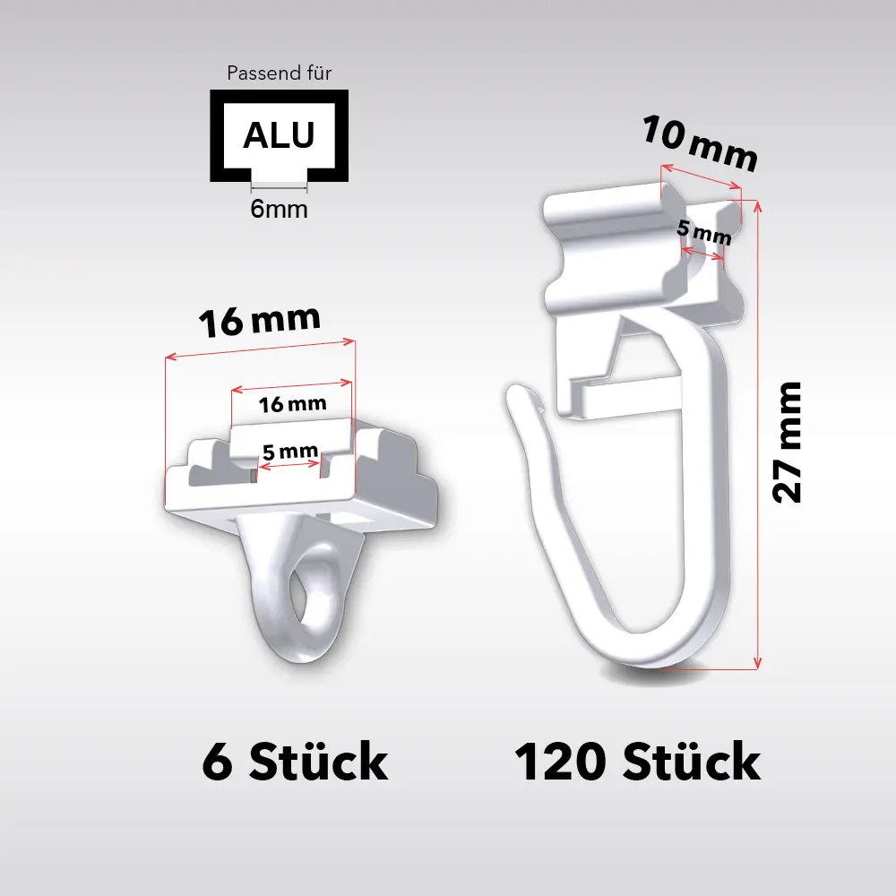 X-Gleiter für Gardinenschienen 120 Stück + 6 Feststeller