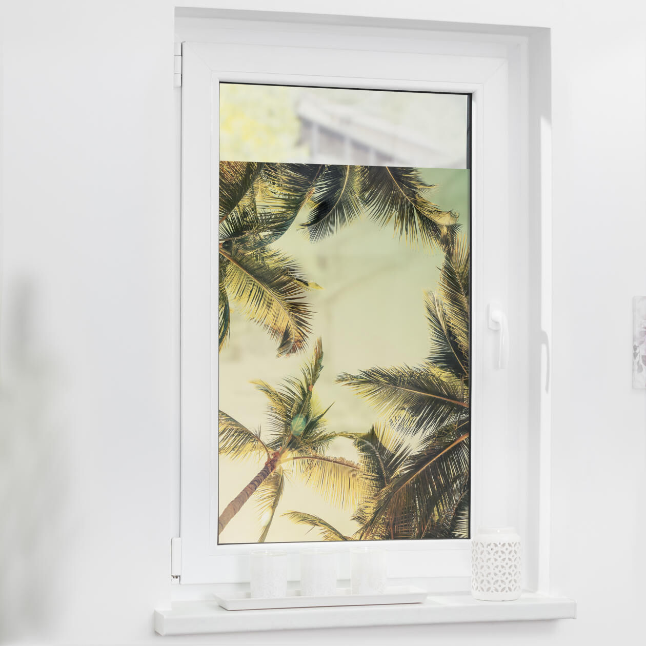 Fensterfolie mit Motiv Palmen und Sonne Fensterfolie mit Motiv Palmen und Sonne