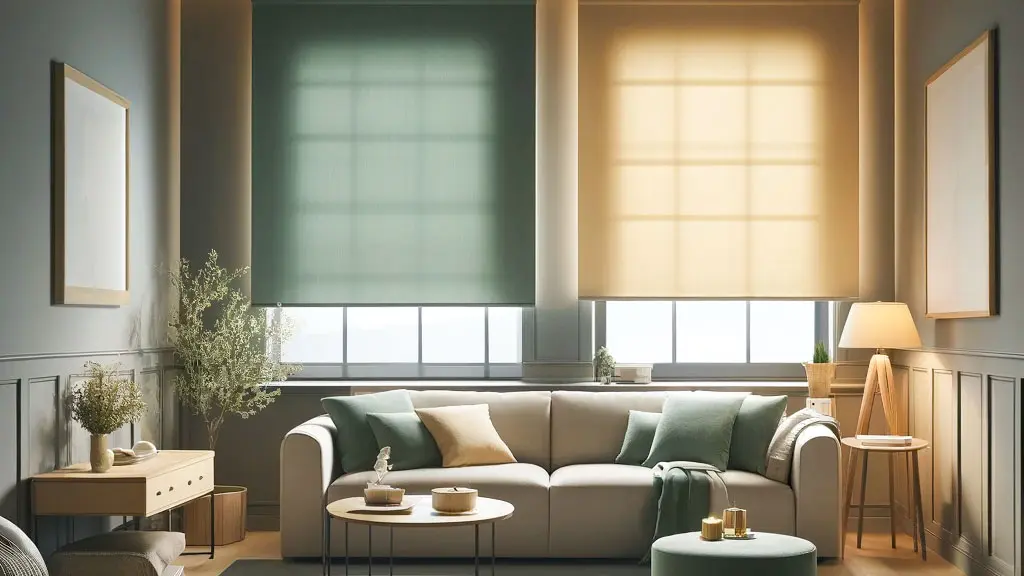 Rollos mit Transparenz in Gelb und Grün in einem Wohnzimmer