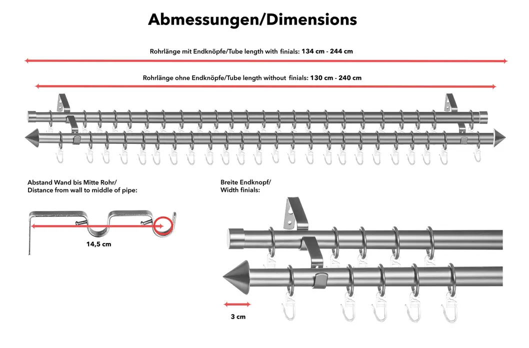 Gardinenstange 2 läufig Kegel, 20 mm, ausziehbar, Chrom Matt