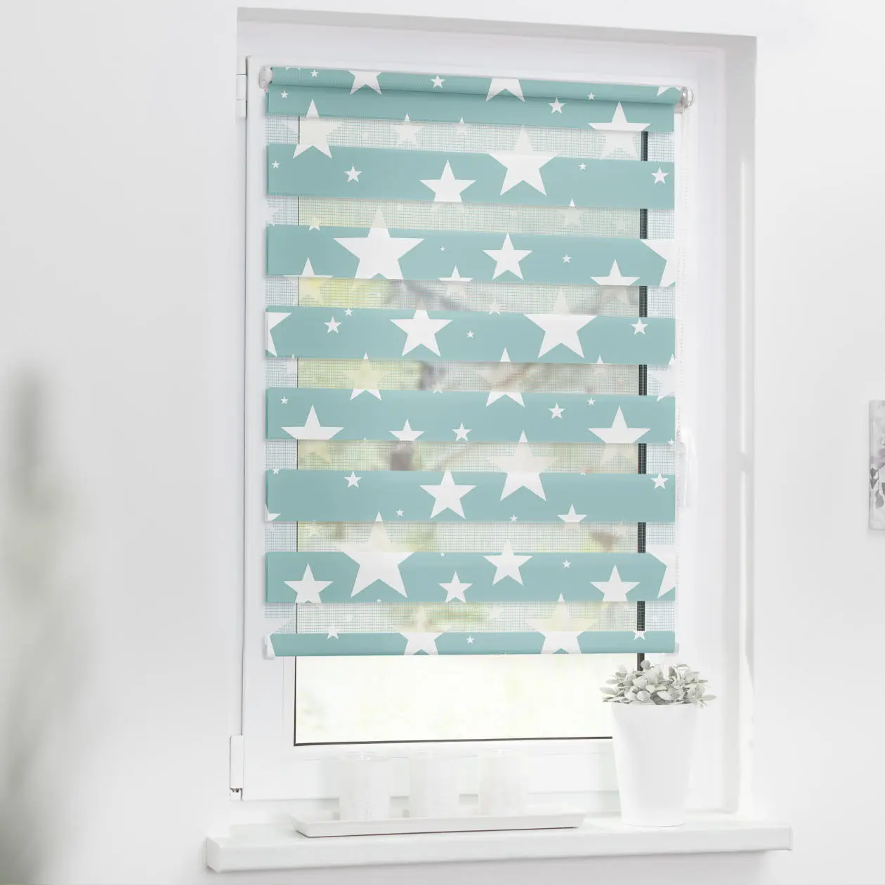 Doppelrollo mit Motiv Sterne Petrol