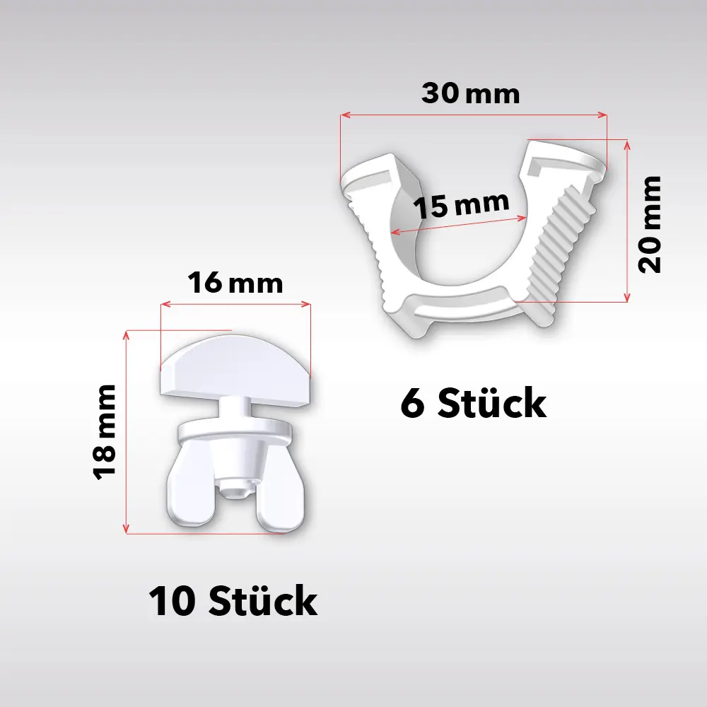 Feststeller-Set für Gardinenschienen | 4 mm Einführöffnung | 10 Zwischenfeststeller + 6 Endfeststeller