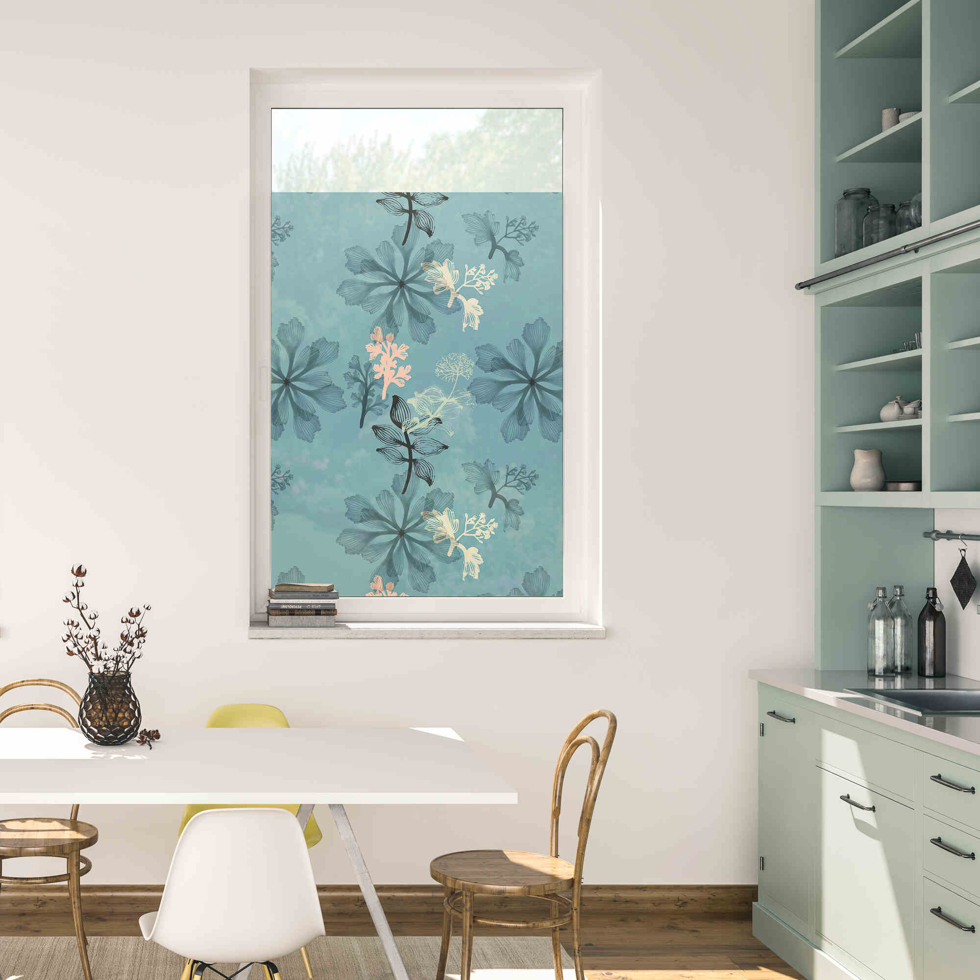 Design Fensterfolie mit Motiv Aqua Floral Design Fensterfolie mit Motiv Aqua Floral