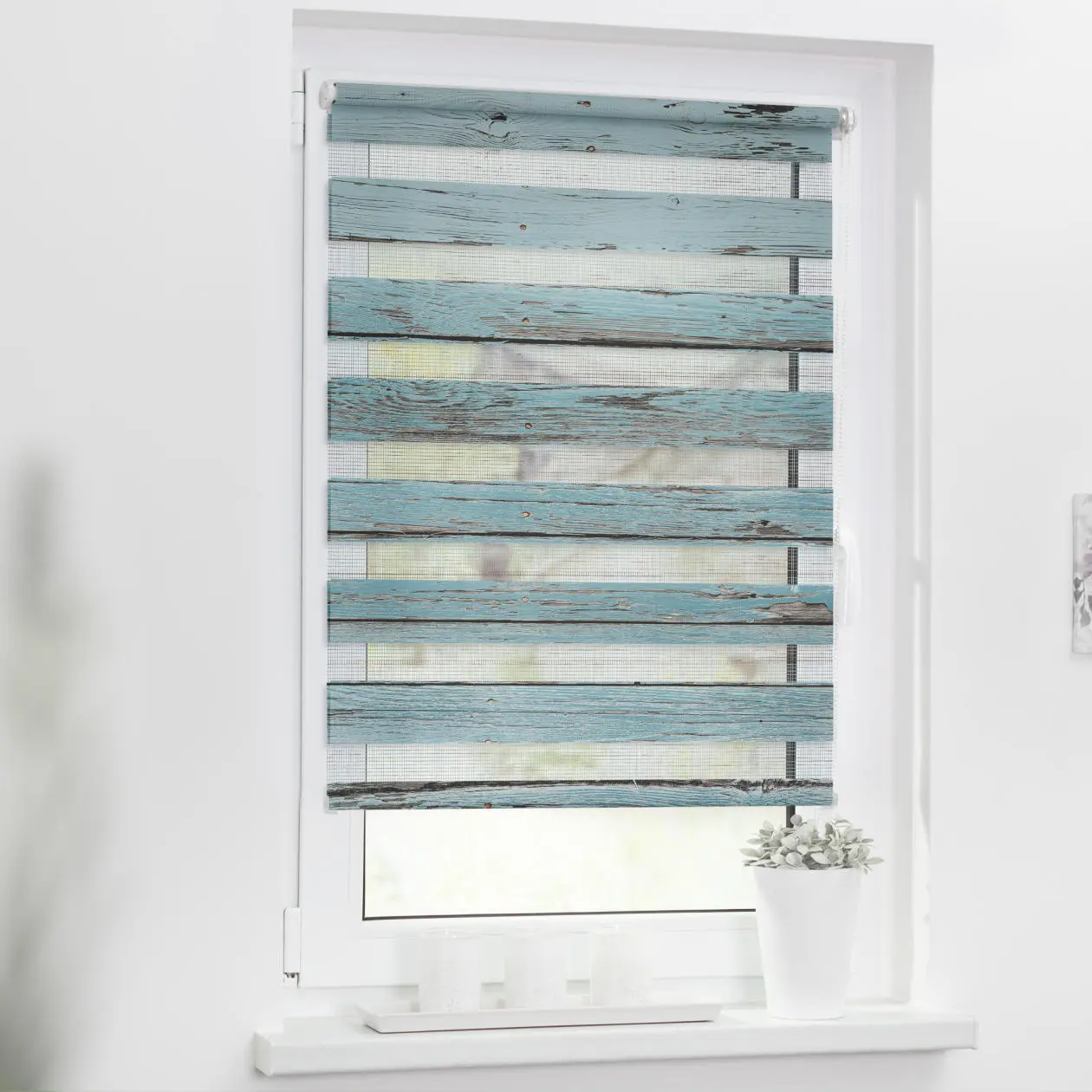 Doppelrollo  mit Motiv Bretter Vintage Petrol