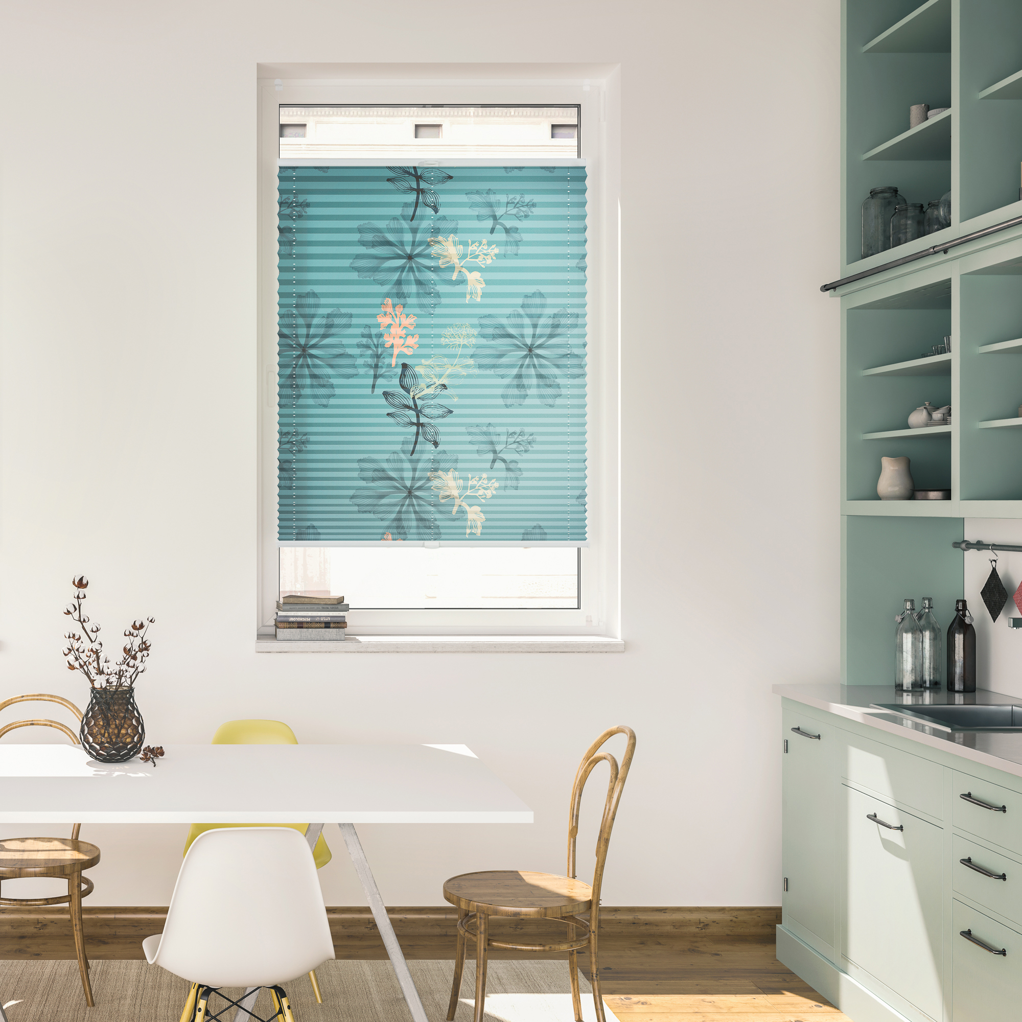 Design Plissee mit Motiv Aqua Floral